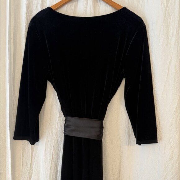 AB Studio Black Velvet Midi Dress Size L Satin Sash 3/4 Sleeve V-Neck Holiday - Picture 3 of 12